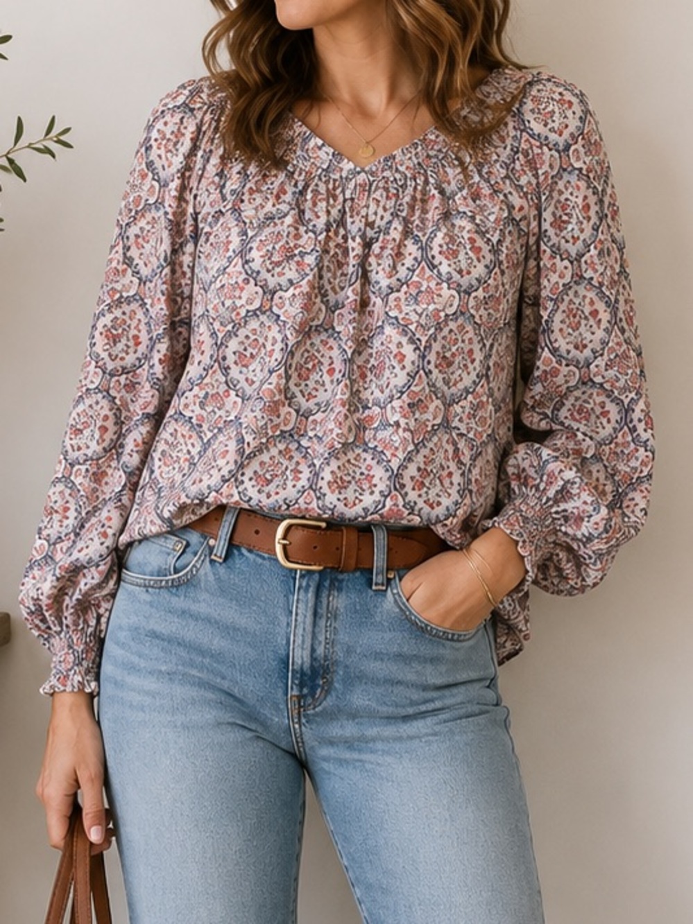 Alex & Lili Boho Floral Peasant Blouse Large Cottagecore Puff Sleeve Top